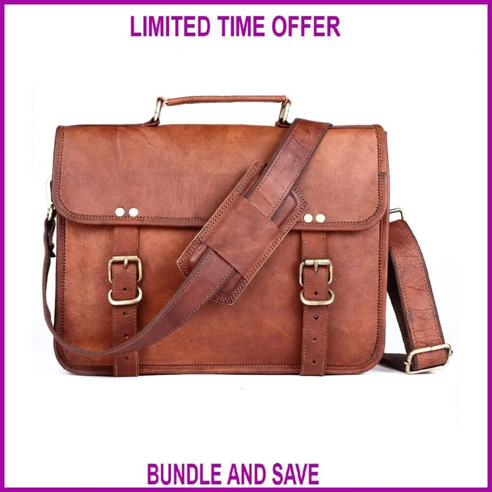 14 Inch Genuine Leather Messenger Bag Laptop Briefcase Adjustable Strap